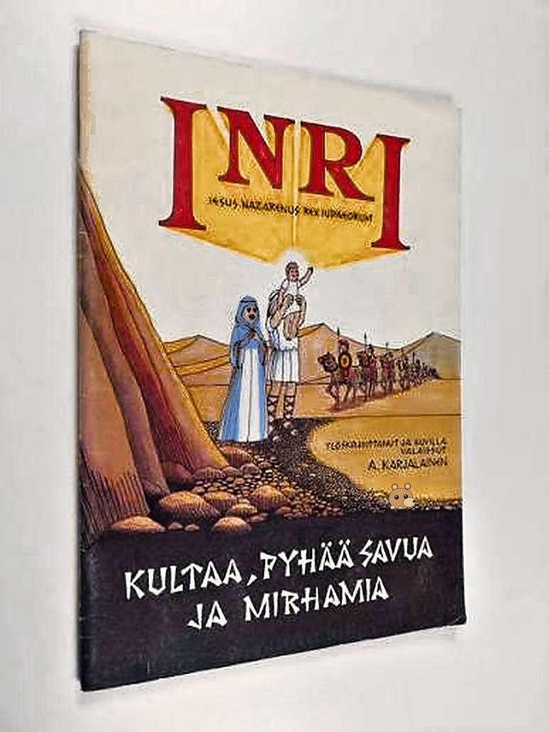 Inri-albumin kansi uudella värityksellä: Joosef ja Maria pitävät Jeesus-lasta, taustalla autiomaa ja kamelikaravaani.